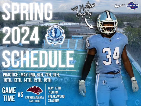 Almost that time again. Come watch the Mighty Mustangs kick off the 2024 season with its Spring game against Carver Atlanta May 17th. Spring practice starts May 2nd. Let’s Go Mustangs!