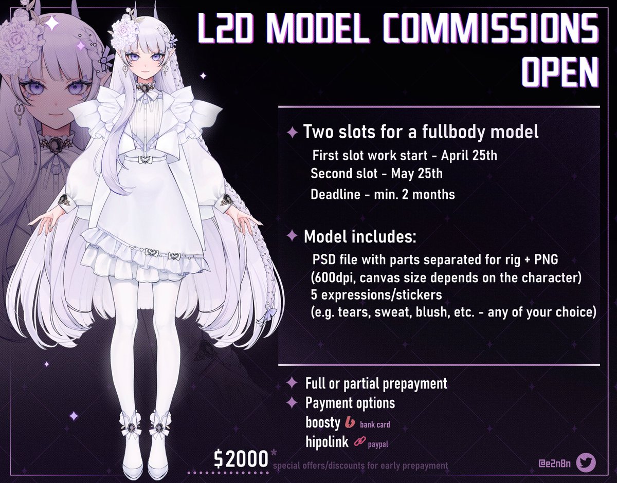 RTs are appreciated 🥺 I'm opening two slots for VTuber models! 💜More information in the doc below 💜DM if interested Special offer for March! tags: #vtuber #live2D