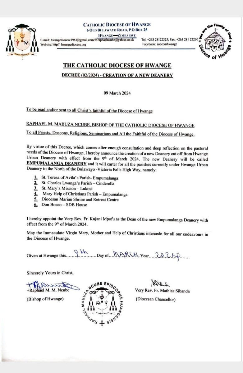 soccomallsouls's tweet image. Decree on creation of a new deanery in Hwange
@khulumanifm95 
@AllSoulsParish 
@ZcbcSoccom 
@soccomchin 
@MutareSoccom
