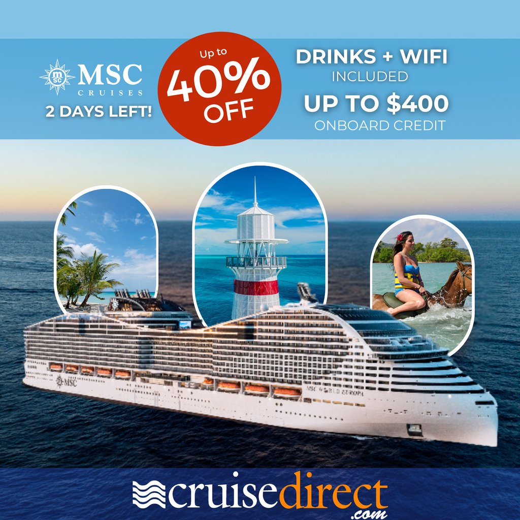 CruiseDirectInc's tweet image. Set sail with MSC and dive into the ultimate cruise experience! 🚢 FREE drinks, FREE wifi, and the kids sail FREE! Plus, enjoy up to $400 onboard credit and up to 40% OFF your cruise fare! 🌊 ➡️ hubs.ly/Q02n4T160 

 #MSCcruise #SailAway #CruiseDirect #CruiseMarchPromo
