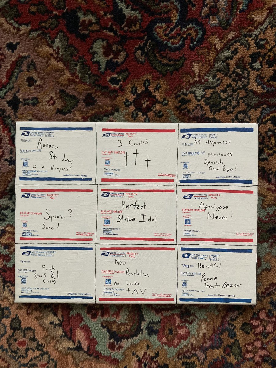 thothdaughter's tweet photo. Documentation of strange envelopes found outside of a medical building on December 15th 2023. 

Acrylic on canvas (2024) https://t.co/ChGj8rEHbq