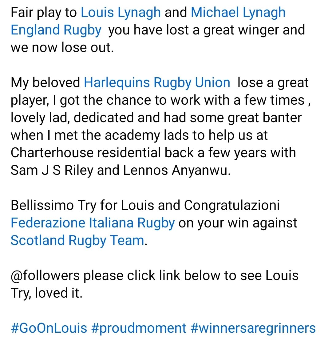 AdrianSilvester's tweet photo. Well done @LynaghLouis , proud dad moment Michael Lynagh, @EnglandRugby and @Harlequins losing a great player but fair play and it was a pleasure to work with you at Quins in the past a couple of times!

#winnersaregrinners #debuttry #Keeponmovin https://t.co/kfJTt5Q9PP