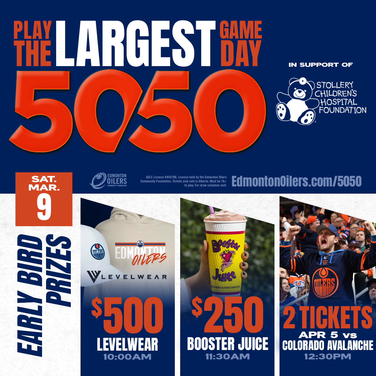 Today you can get Oilers 50/50 tickets supporting the Stollery. Purchase your tickets to be eligible to take home half the growing jackpot and qualify for some incredible early bird prizes!

Get tickets NOW: EdmontonOilers.com/5050-Stollery