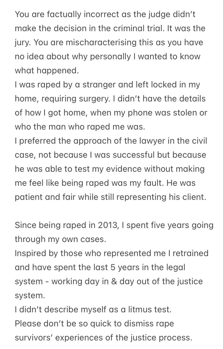 This feels very personal. I know you have strong feelings on the pilot but this feels like you are (again) kicking the player and not the ball. Please don’t be so quick to dismiss rape survivors’ experiences of the justice process.