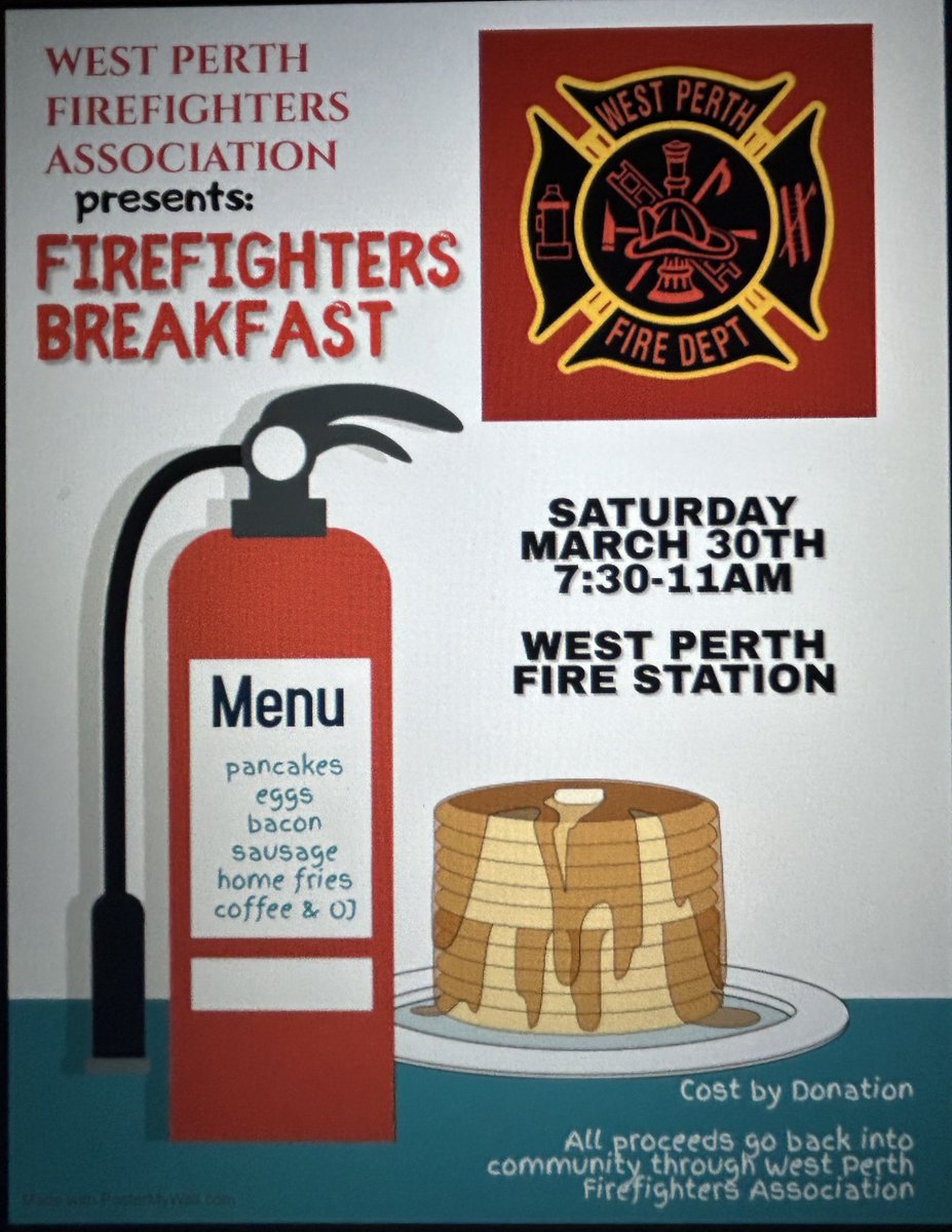 Mark your calendars! Your ⁦<a href="/WestPerthON/">West Perth</a>⁩ Firefighters hope you can join us for our Firefighters Breakfast on Sat Mar 30th 7:30-11am at the Fire Station! Cost is by donation with all proceeds going back into the community through the Firefighters Association! #WPFD