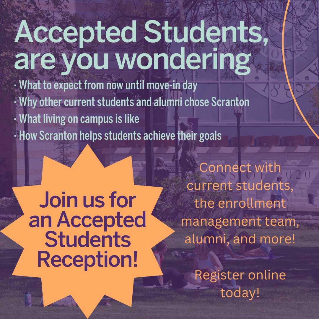 Tomorrow we kick off our Spring Receptions for Accepted Students! Don't miss out on this opportunity to connect with Scranton from the comfort of home! Click the link to register for a reception near you, see you tomorrow #Royals2028! 
bit.ly/3IgKtbs