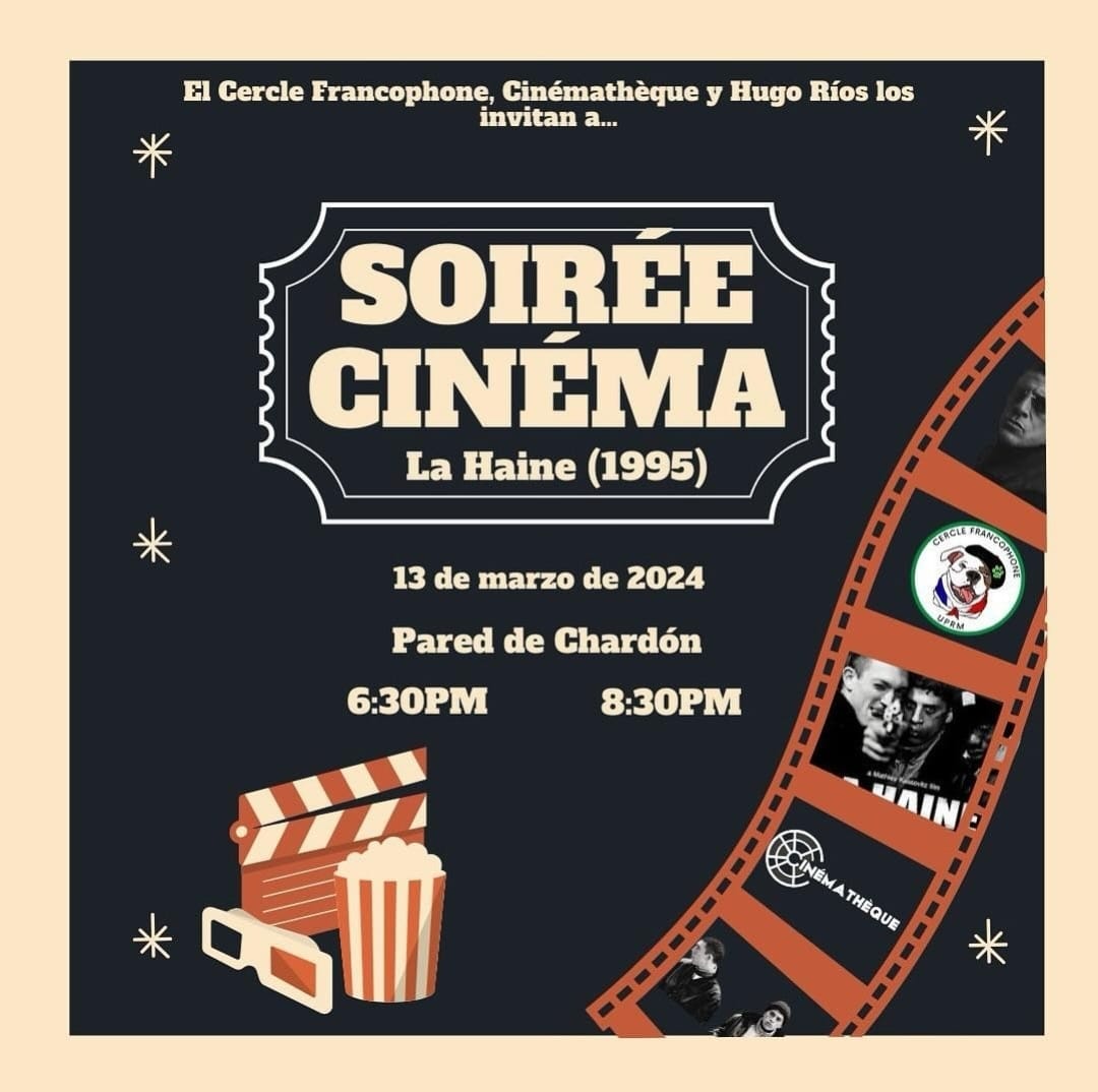 cinemathequerum's tweet photo. Collab time! 

Esta próxima semana tendremos una colaboración con el Cercle Francophone donde presentaremos la película La Haine (1995) al aire libre.

Día: 13 de marzo
Hora: 6:30-8:30 PM
Lugar: Pared de Chardón

Acompáñanos a disfrutar del cine francés bajo las estrellas. ⭐️🎬 https://t.co/Wqp5JbyOsf