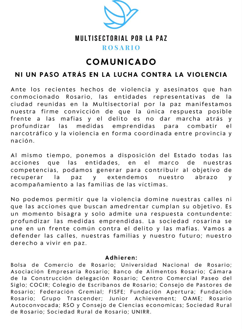 COMUNICADO DE LA MULTISECTORIAL POR LA PAZ 🕊️

Ni un paso atrás en la lucha contra la violencia.