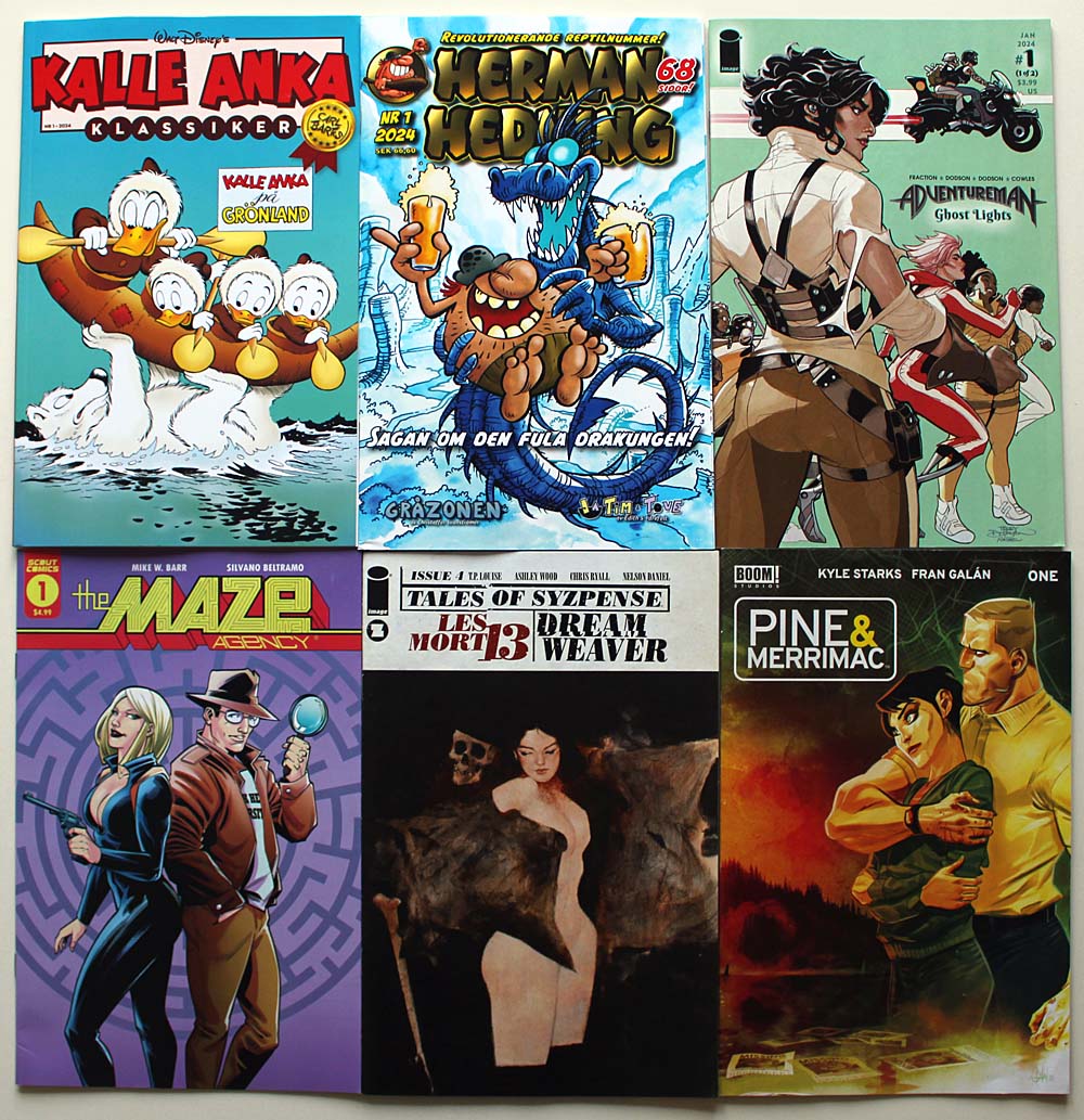 Recent #comichaul: #KalleAnkaKlassiker 1/24 #CarlBarks @Herman__Hedning 1/24 #Adventureman: Ghost Lights #1 #MattFraction #RachelDodson #TheMazeAgency #1 #MikeWBarr #TalesOfSyzpense #4 #PineAndMerrimac #1 #serier #comics