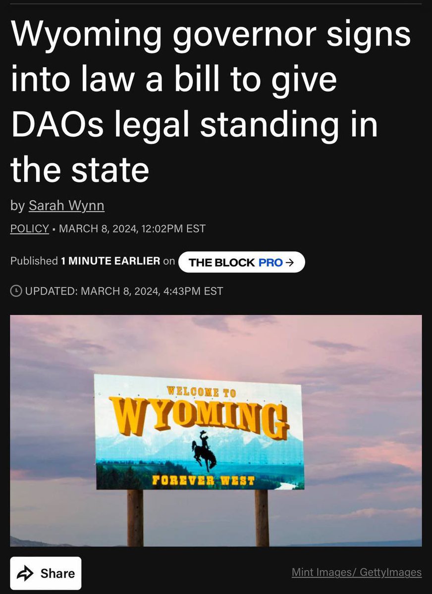 🔥Bang Wyoming tại Hoa Kỳ 🇺🇸 đã ký một dự luật mới có tên là Đạo luật  Hiệp hội Phi lợi nhuận, Phi tập trung Wyoming (DUNA), cho phép các tổ chức
