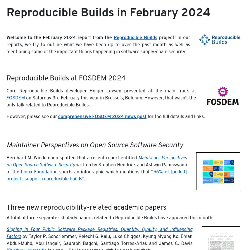 Check out what's been happening during February in the world of @ReproBuilds and software supply-chain security → reproducible-builds.org/reports/2024-0… feat @fosdem @debian @fedora @openSUSE @ArchlinuxEn @lolamby #diffoscope