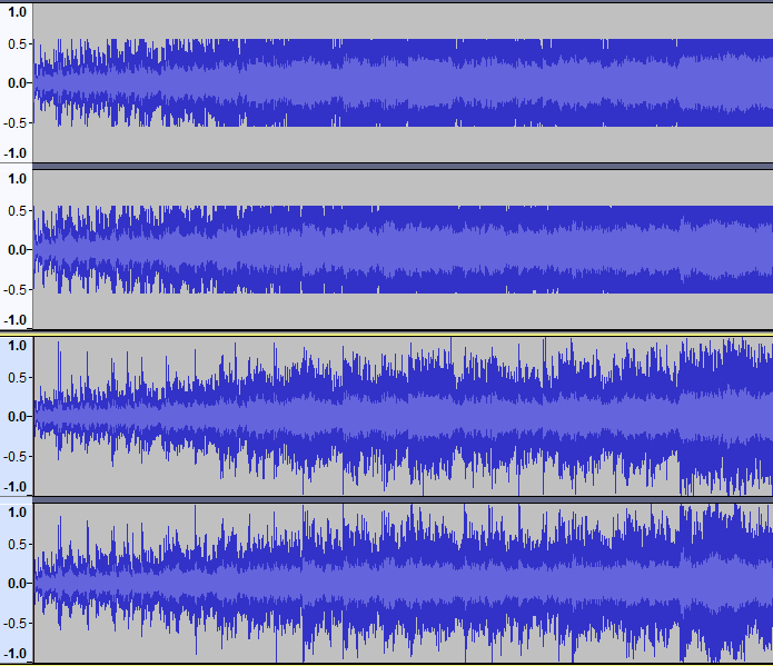 I went to rip an unmarked song I found at the end of a weird 6 hour yt video. The top was recording with the volume slider reduced, and the bottom is recording with full volume on the video.