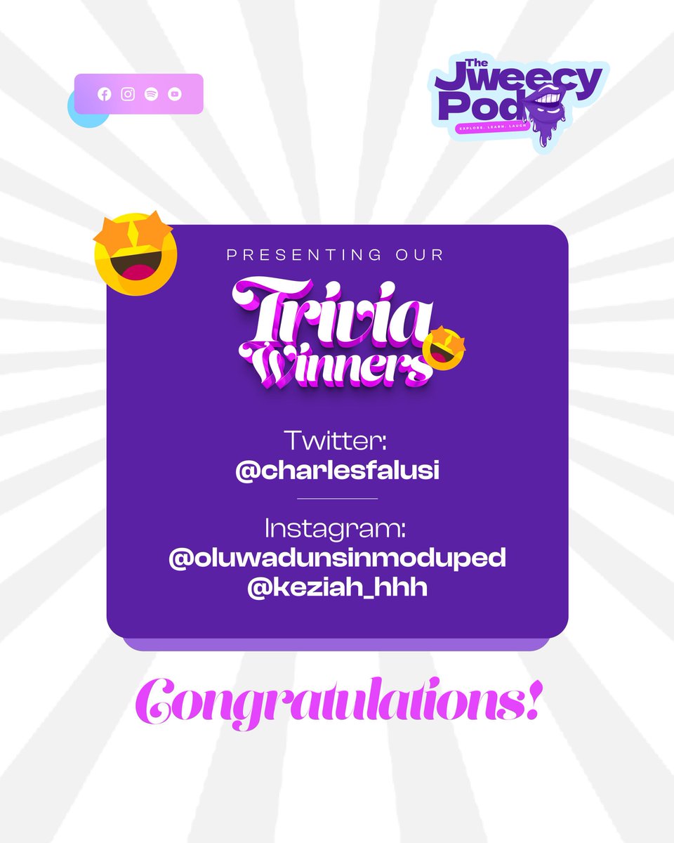 JweecyPod's tweet image. Asides gaining knowledge, there are perks of watching our YouTube Videos😌

Well-done @Charlesfalusi on answering the trivia questions correctly🥳🥳

P.S: Stay glued to our page for more exciting content and giveaways😉

#thejweecypod #giveaway #marchcelebrant