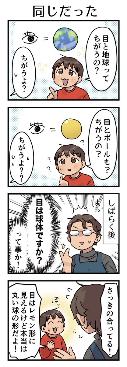 前の日に軽く教えた事(目は球体だよ)を確認したいけど「きゅうたい」という言葉が分からなくて同じ形のものを挙げてきた。家事でバタバタしてる時で「ちがうよ?😵‍💫」しか出なかった🌏

#漫画が読めるハッシュタグ #4コマ漫画 #コミックエッセイ #育児漫画 #5歳 