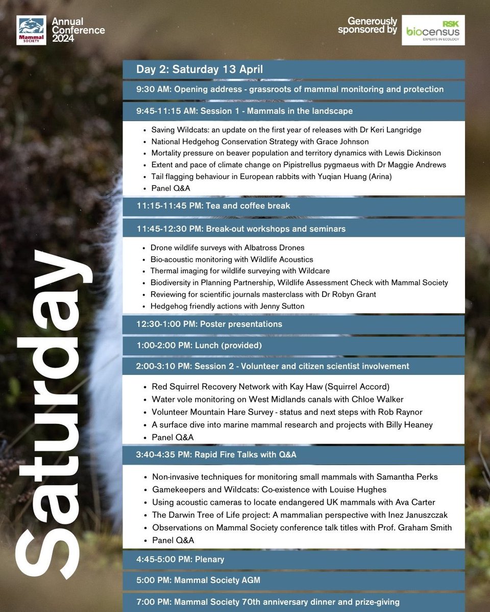 Mammal_Society's tweet photo. Here's the full programme for April's Annual Conference! For our 70th year, we're looking to the past and future of mammal science and conservation.

Find out more about our programme of speakers on our website.

Tickets available here: https://t.co/A2fHfU8JD3

PC: Mark Evans https://t.co/pbxitKJ3Nt