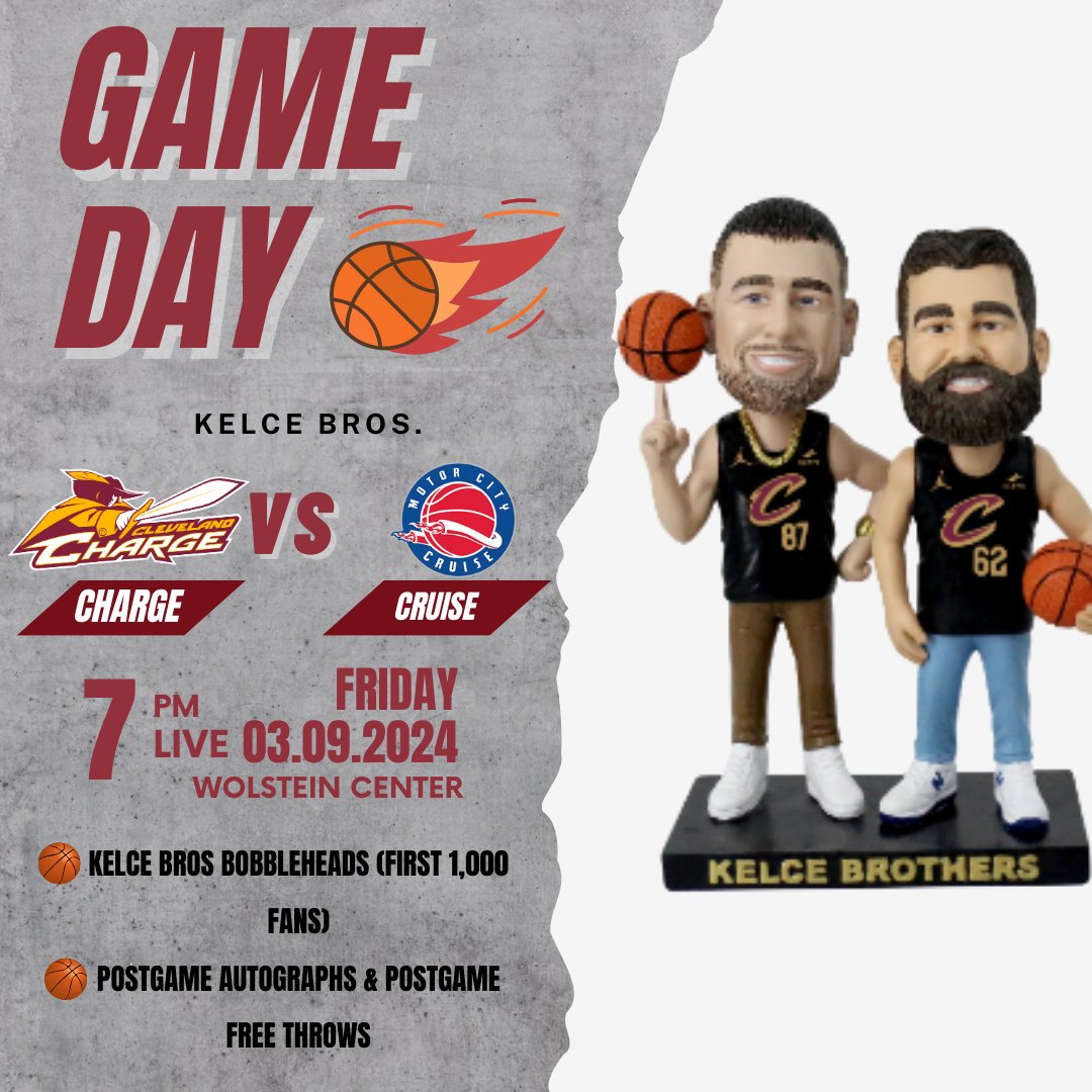 🏀 TONIGHT! Don't miss the action as the Cleveland Charge take on Motor City Cruise at 7pm! Doors open at 6pm. It's Kelce Bros Bobblehead Night! Be one of the first 1,000 fans to snag this collectible! Stick around after the game for post-game free throws and autographs!🎉