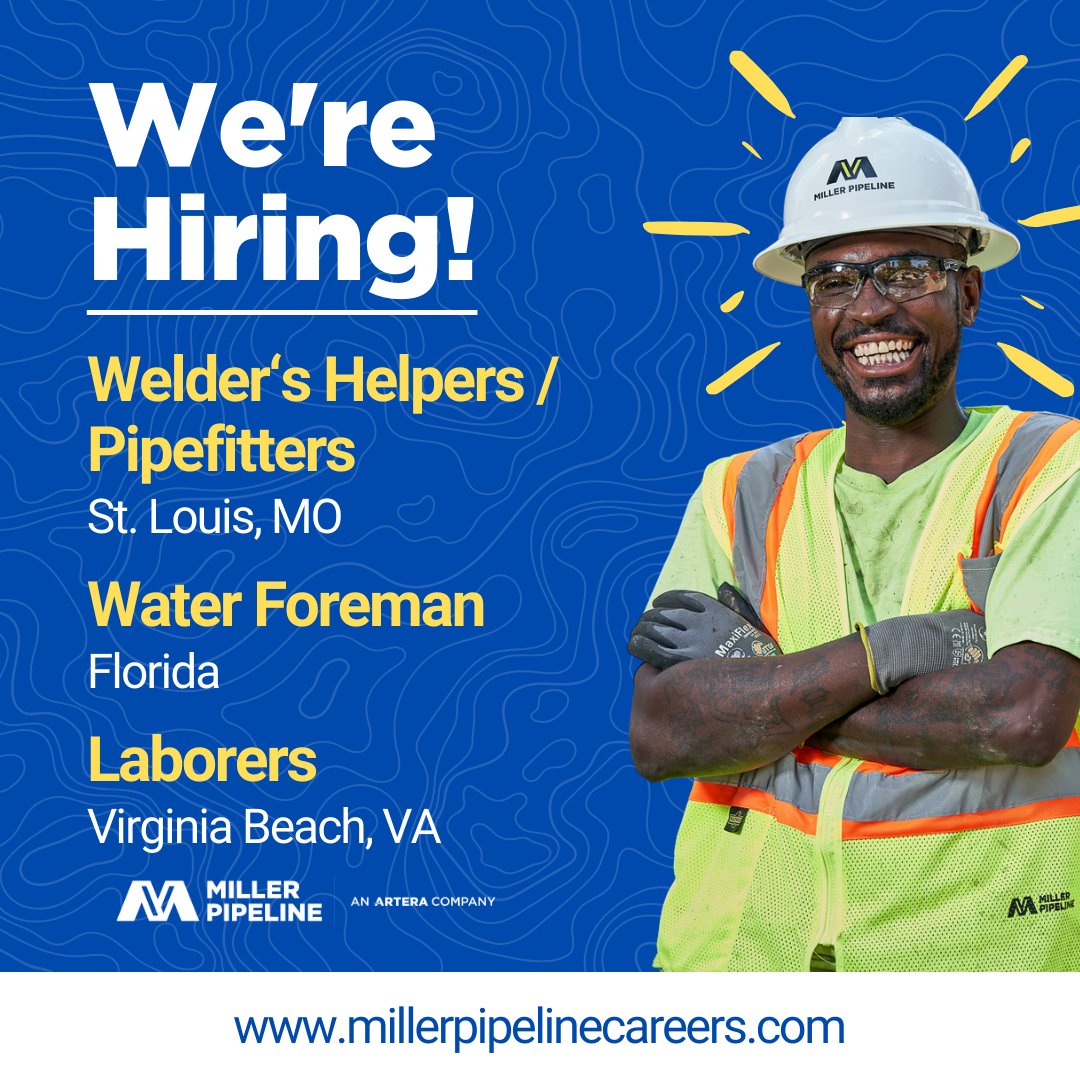 MillerPipeline's tweet photo. Join our team of natural gas and water pipeline professionals!

Ready to apply? Visit https://t.co/hauhQo5qEX

Need more info? Visit https://t.co/hCMCPhD5K8

#construction #stl #virginiabeach #naturalgas #pipeline #waterpipeline https://t.co/pibbz2C39D