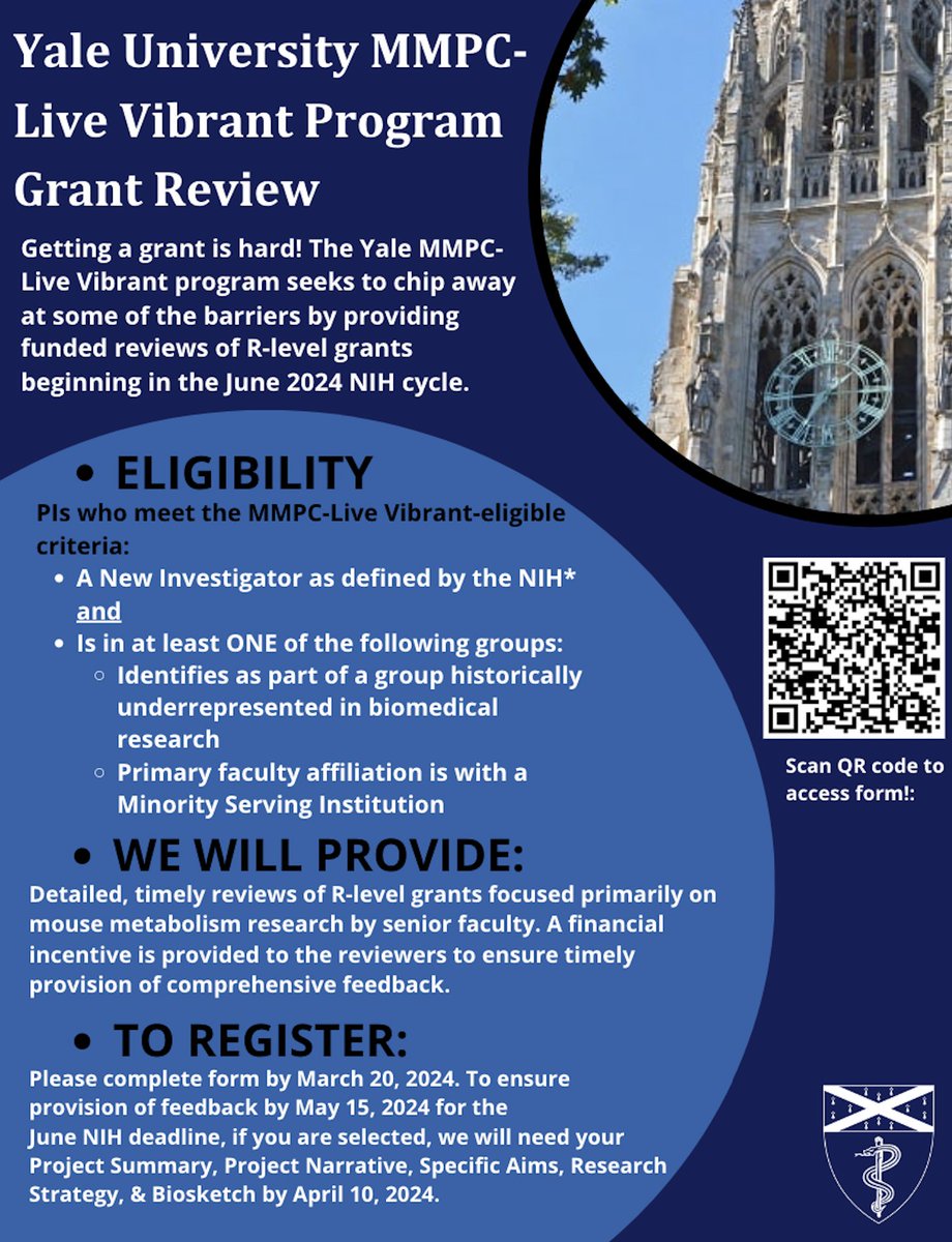 The Yale Mouse Metabolic Phenotyping Center-Live Vibrant program is thrilled to announce the launch of a funded grant review program for New Investigators from underrepresented backgrounds and/or non-R1 universities! Please share and apply by March 20th! tinyurl.com/4wrmnp8p