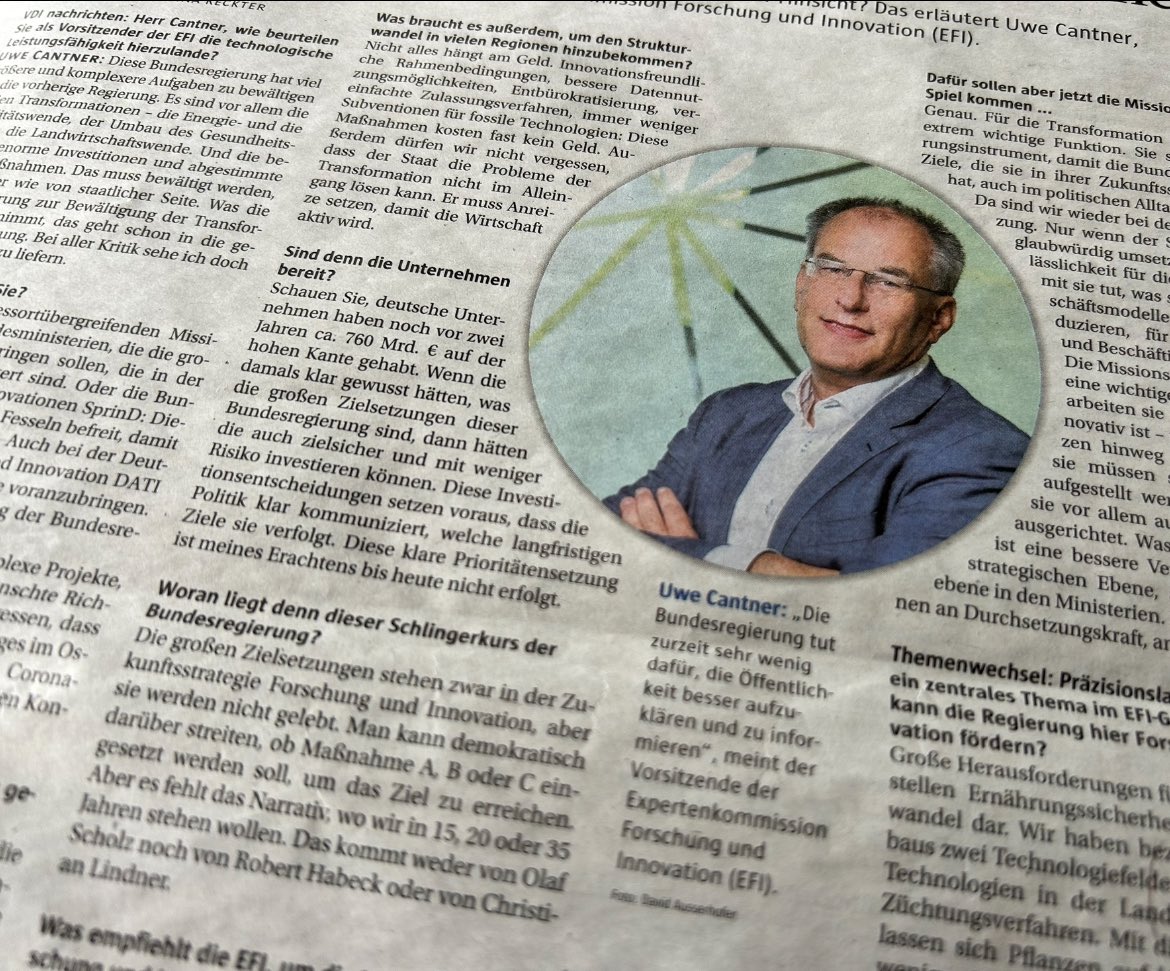 Adrian Willig (@adrian_willig) on Twitter photo Prof. Cantner, Vorsitzender der <a href="/EFI_Kommission/">EFI - Expertenkommission Forschung und Innovation</a>, hat Recht: „Es fehlt ein Narrativ, wo wir in 15, 20 oder 35 Jahren stehen wollen.“ Um Deutschland voranzubringen, empfiehlt er, die Schlüsseltechnologien intensiver anzugehen als bisher und die Transformation aktiv umzusetzen. Prof. Cantner, Vorsitzender der <a href="/EFI_Kommission/">EFI - Expertenkommission Forschung und Innovation</a>, hat Recht: „Es fehlt ein Narrativ, wo wir in 15, 20 oder 35 Jahren stehen wollen.“ Um Deutschland voranzubringen, empfiehlt er, die Schlüsseltechnologien intensiver anzugehen als bisher und die Transformation aktiv umzusetzen.
