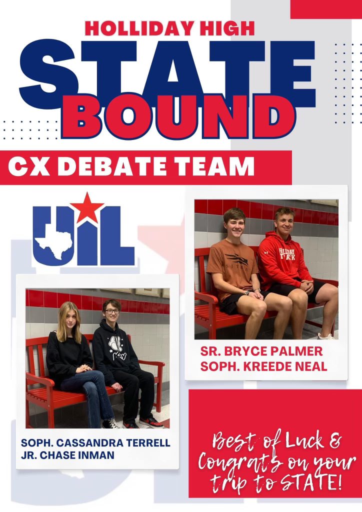 STATE CX DEBATE

Good Luck at State!

⭐️Bryce Palmer 
⭐️Kreede Neal
⭐️Cassandra Terrell 
⭐️Chase Inman 

HERO