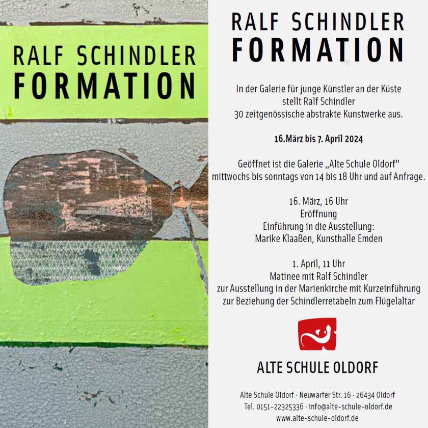 schindler_art's tweet photo. My next #exhibition 
FORMATION at #galerie Alte Schule Oldorf. #vernissage  on Saturday, March 16th. at 4:00 p.m. Easter Monday April 1st #matinee at 11:00 a.m. 
Take a look. #youarewelcome 

#wilhelmshaven #wangerland #art #gallery #nordsee #mixedmediaart https://t.co/oMJXaMxqiO