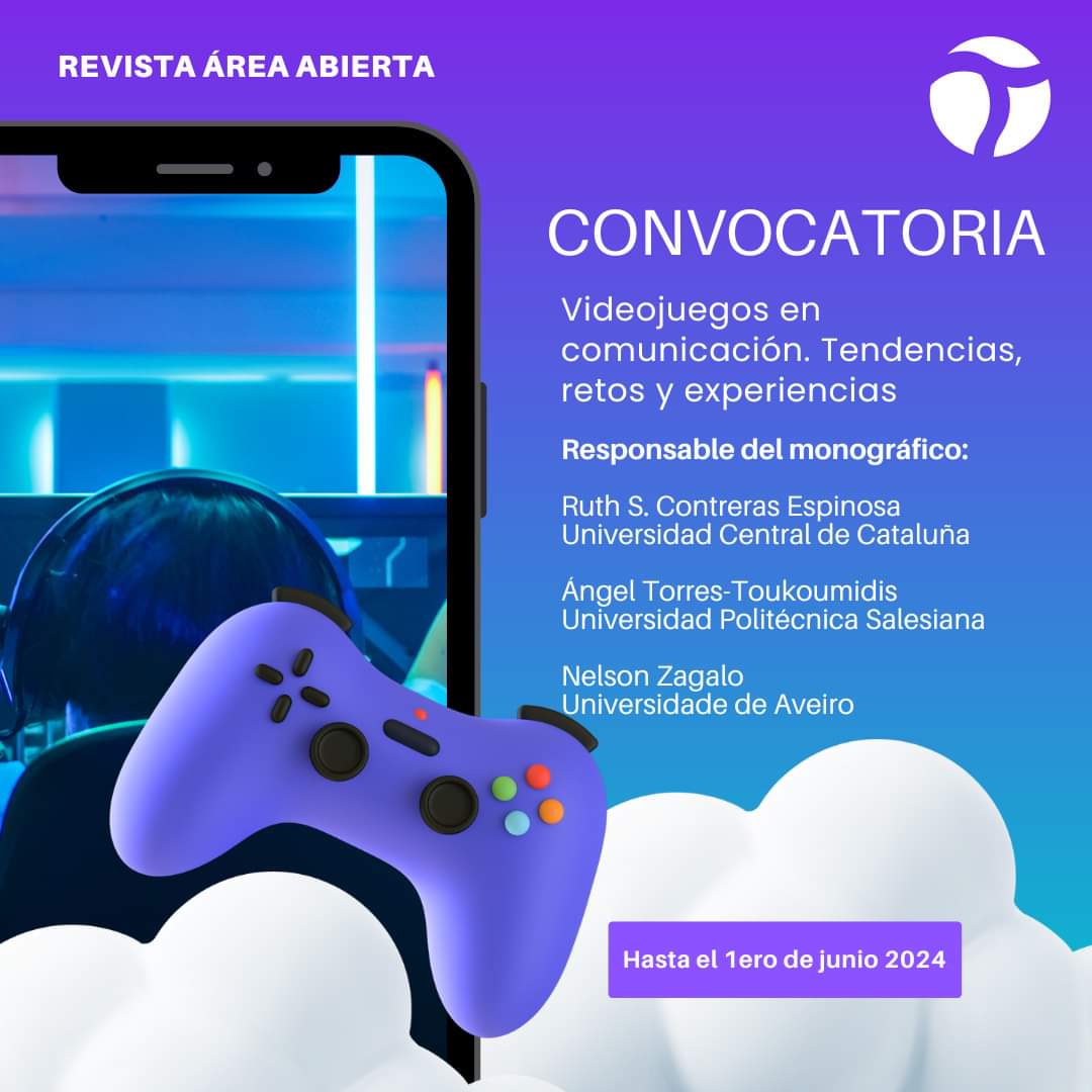 Compartimos Convocatoria de artículos para la revista Área Abierta: Videojuegos en comunicación. Tendencias, retos y experiencias. Revista de la Universidad Complutense de Madrid. La fecha límite para la recepción de trabajos es el 1 de junio de 2024