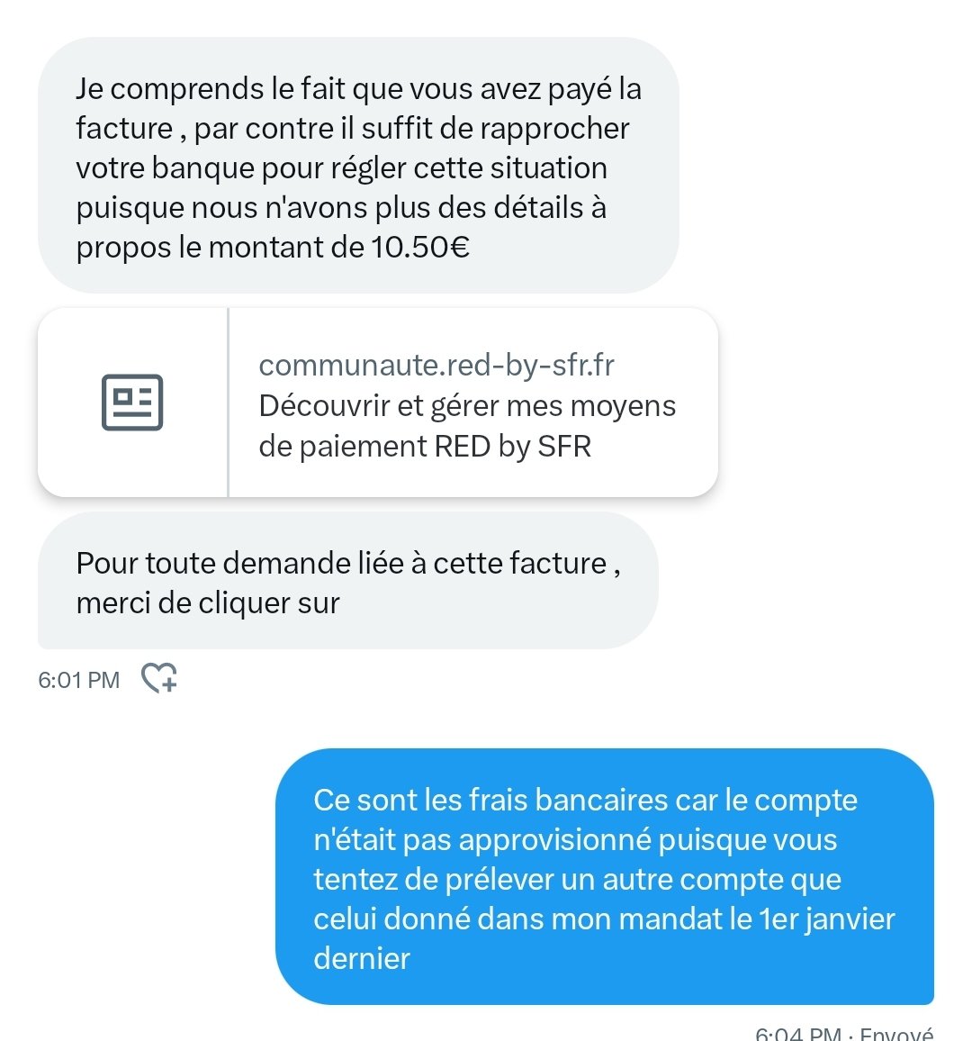 ClaireAllali's tweet photo. @REDbySFR Marc, on continue de me dire que c'est normal que je paye les frais bancaires liés au fait que vous continuez à prélever le mauvais compte (et j'ai fourni une preuve de cela) https://t.co/E1I3k1MJCc