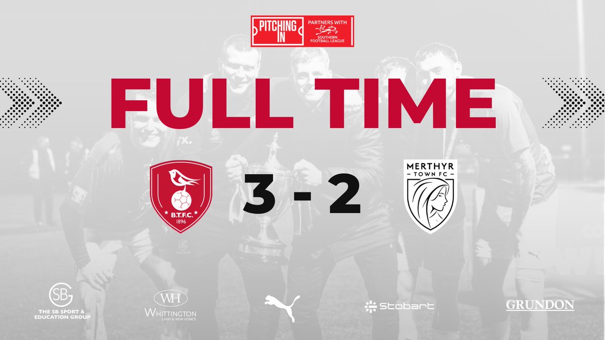 Full time and we have held on with 10 men to beat <a href="/MerthyrTownFC/">The Martyrs</a> 

A 95 minute penalty from Captain lodge wins us the game after Joe Grant was sent off in the 75th minute! Get in there! 

#TOGETHERBTFC #COYR