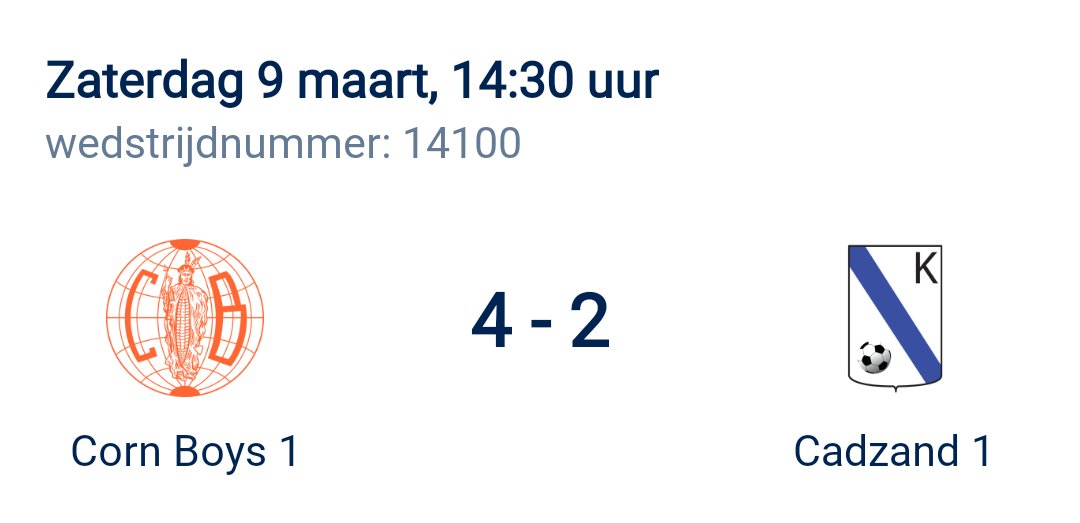 Een verdiende zege van Corn Boys tegen V.V. Cadzand We blijven op de 6de plaats in het klassement.