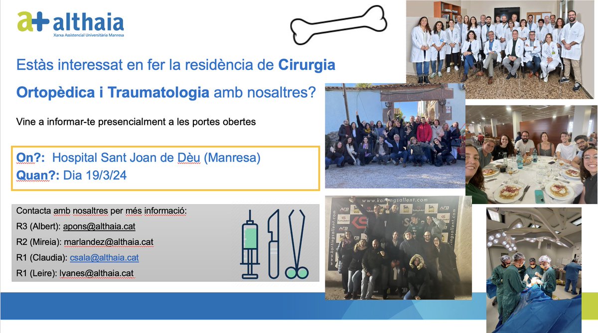 COT Althaia (@cotalthaia) on Twitter photo 📢 Atenció futur #MIR: t’estàs plantejant fer #CirurgiaOrtopedicaiTraumatologia? Informa’t de com és ser resident al nostre centre!
Portes obertes 19/3 a Hospital Sant Joan de Dèu (Manresa)
Ens podeu enviar qualsevol dubte a Twitter <a href="/althaiamanresa/">Fundació Althaia</a> #twitterMIR 📢 Atenció futur #MIR: t’estàs plantejant fer #CirurgiaOrtopedicaiTraumatologia? Informa’t de com és ser resident al nostre centre!
Portes obertes 19/3 a Hospital Sant Joan de Dèu (Manresa)
Ens podeu enviar qualsevol dubte a Twitter <a href="/althaiamanresa/">Fundació Althaia</a> #twitterMIR