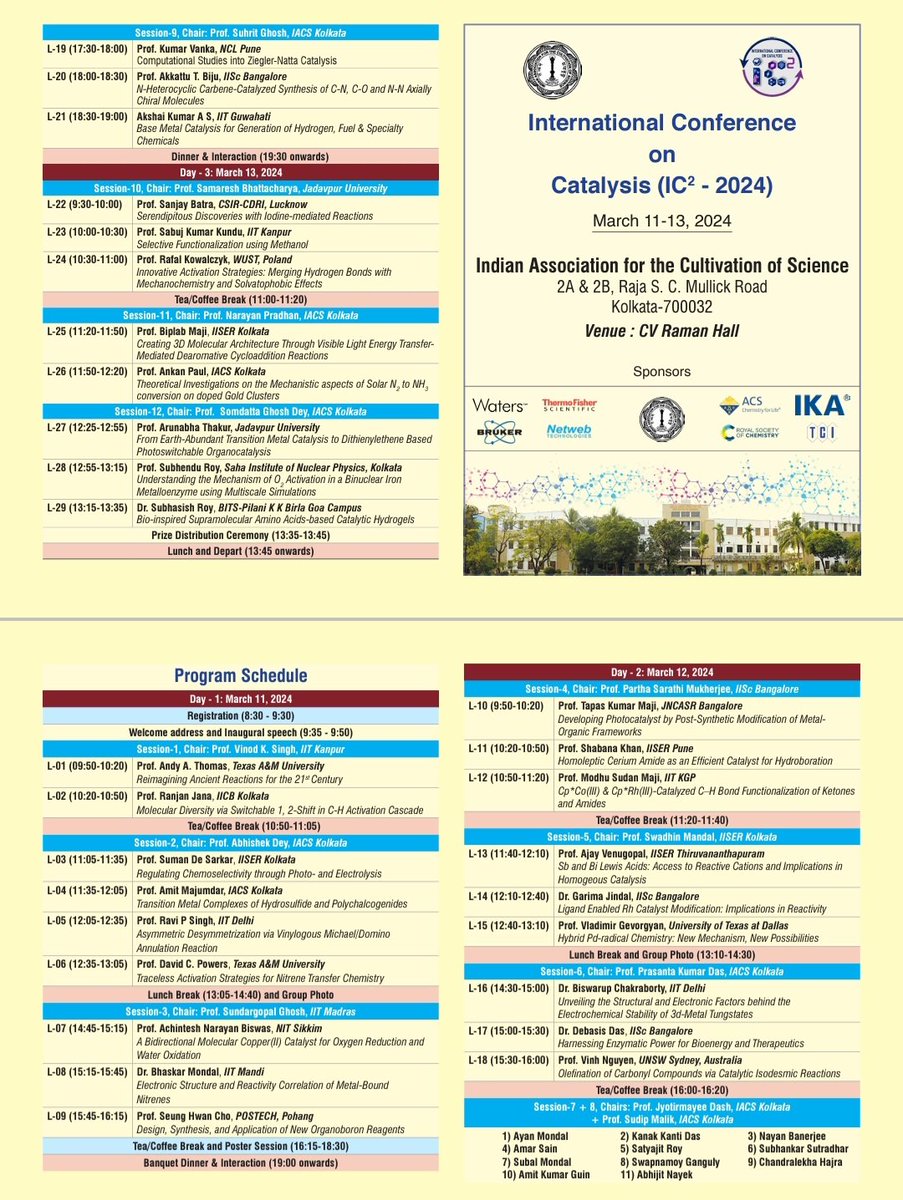 Only 1 day to go !! 🤩 International Conference on Catalysis IC²-2024 @iacskolkata For further details visit the website : iacs.res.in/IC%C2%B2Flyer_… And here's the programme schedule !!