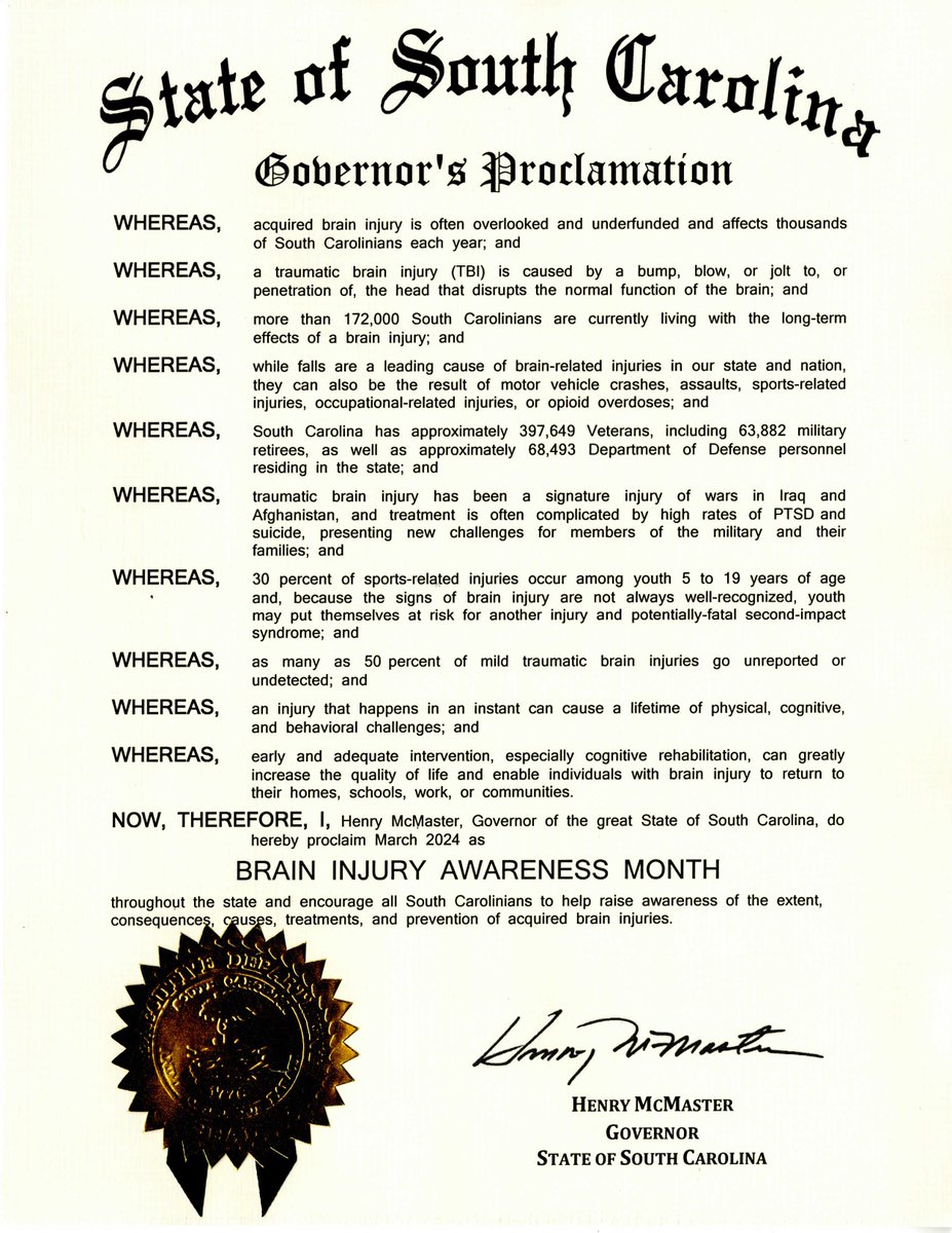 SCDDCouncil's tweet photo. South Carolina Governor Henry McMaster has proclaimed March as Brain Injury Awareness Month. All residents are encouraged to raise awareness of the extent, consequences, causes, treatments and prevention of acquired brain injuries. #DDAM24 @NACDD https://t.co/nfthhzOZiZ