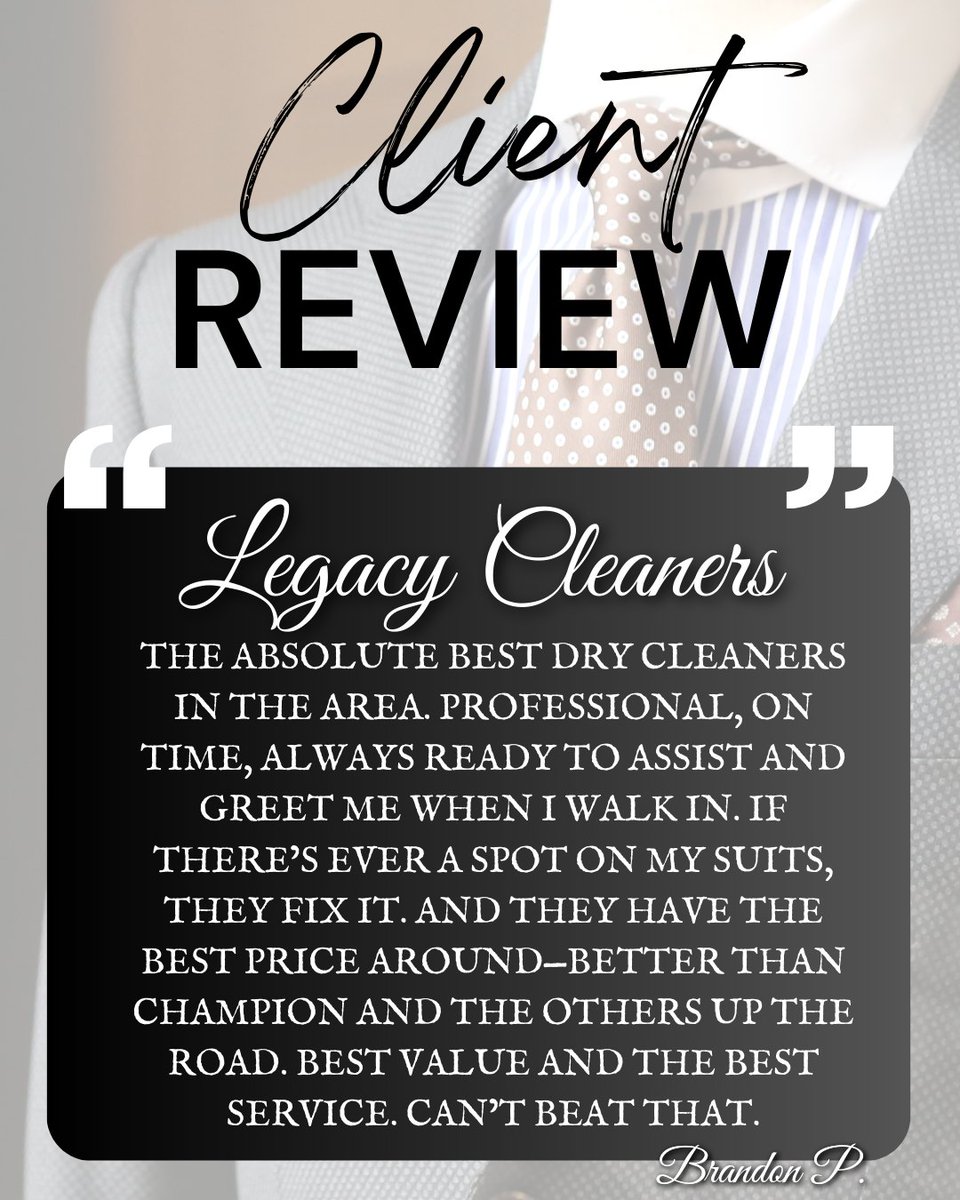 Thank you, Brandon, for this great review!

#ChelseaAL #Alabama #HooverAL #BirminghamAL #ShoalCreek #ChelseaPark #MountainBrookAL #DryCleaning #LegacyCleaners #LocalBusiness #HelenaAL #Alterations #MtLaurel #GreystoneAL