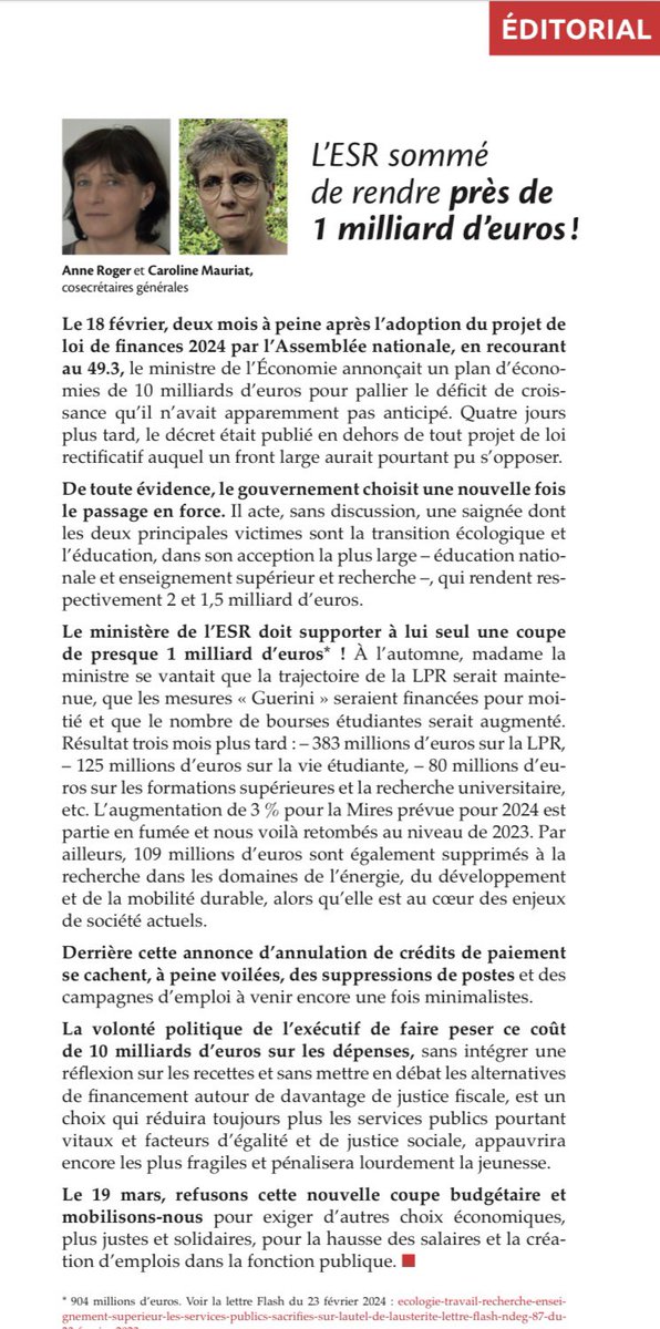 SnesupFsu's tweet photo. Avec un Édito qui revient sur la coupe budgétaire de près d’un milliard d’euros pour l’ESR #saignee #Greve19mars https://t.co/iVHabPiqet
