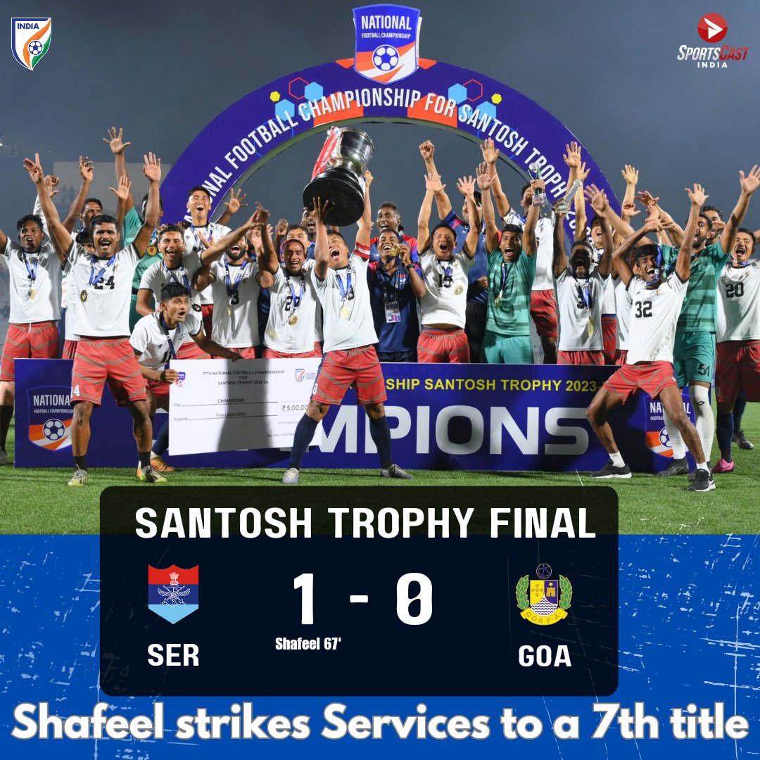 Title Number 7️⃣ for the ever consistent Services! 🏆🙌🏼

Shafeel scored a long range goal to give Services a hard fought victory over a talented Goan side in the 77th Santosh Trophy Finale! ⚽🔝

#IndianFootball #SantoshTrophy #Services #NationalChampionship