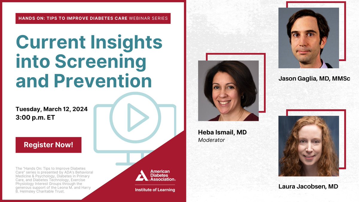 Join us for a live webinar on "Current Insights into Screening and Prevention" featuring speakers Jason Gaglia, MD, MMSc, and Laura Jacobsen, MD (<a href="/JacobsenLM/">Dr. Laura M. Jacobsen</a>), moderated by Heba Ismail, MD (<a href="/Heba_T1D/">Heba</a>). Register now for this exclusive event! bit.ly/4bUrwrZ