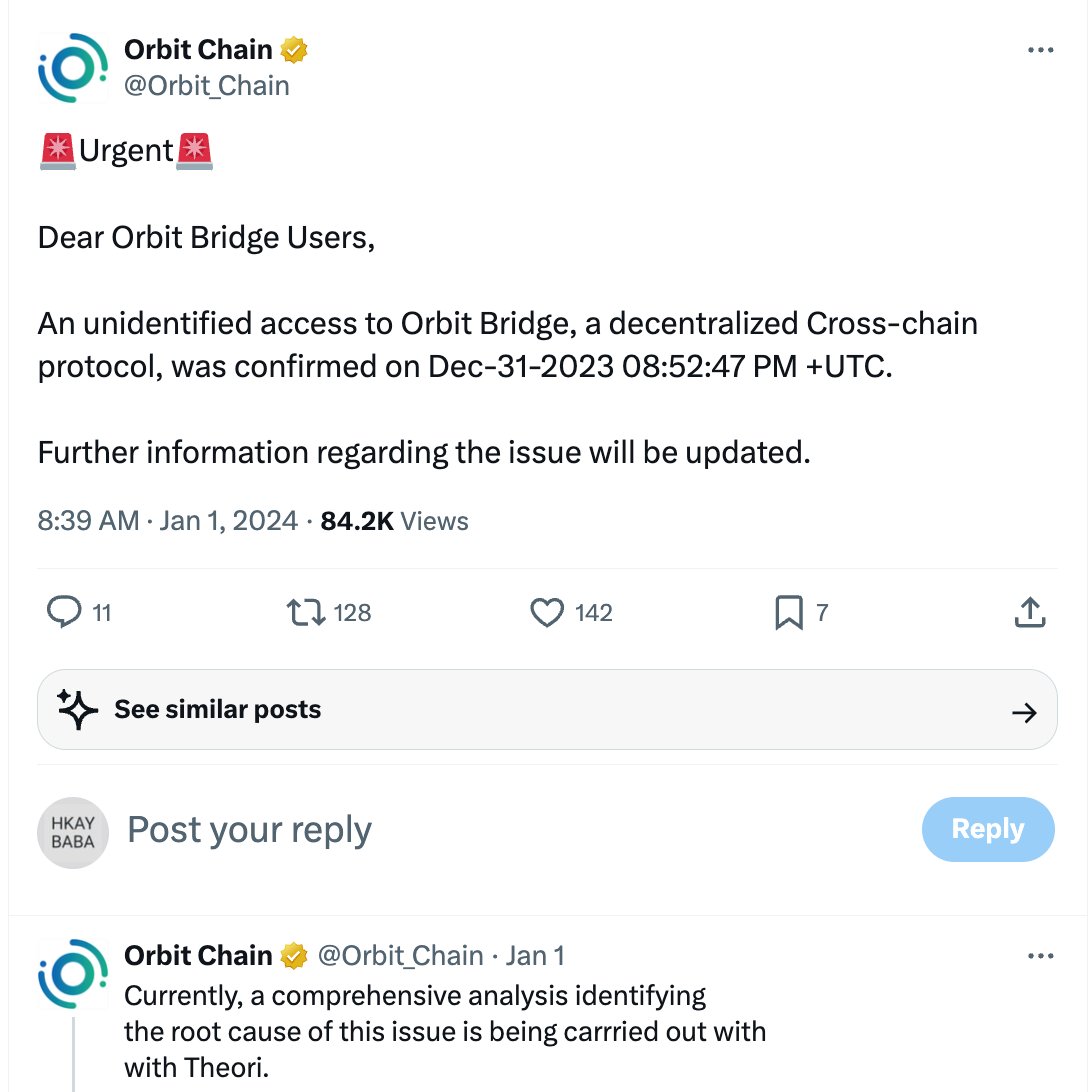 SulemanHezekiah's tweet photo. The very first crypto hack of the year was confirmed around the 1st of January, 2024, when Orbit Chain, a blockchain that enables movement and sharing of data between multiple blockchains, announced that they had lost over $80m resulting from a hack linked to compromised multi-sig signers.