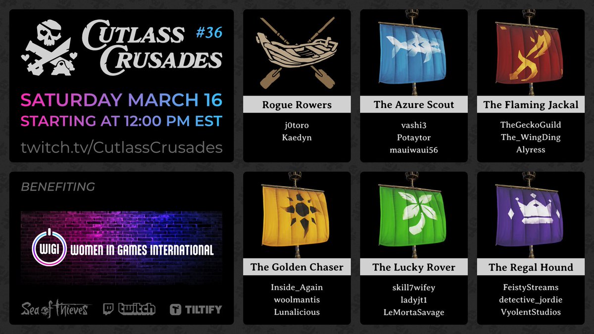 Mark Your Calendars! Excited to be selected along with crewmates @DetectiveJordie and @VyolentStudios and more fantastic women and non-binary pirates, for @CutlassCrusades Mar 16! Supporting Women In Games International @GETWIGI #cutlasscrusades #wigi #seaofthieves