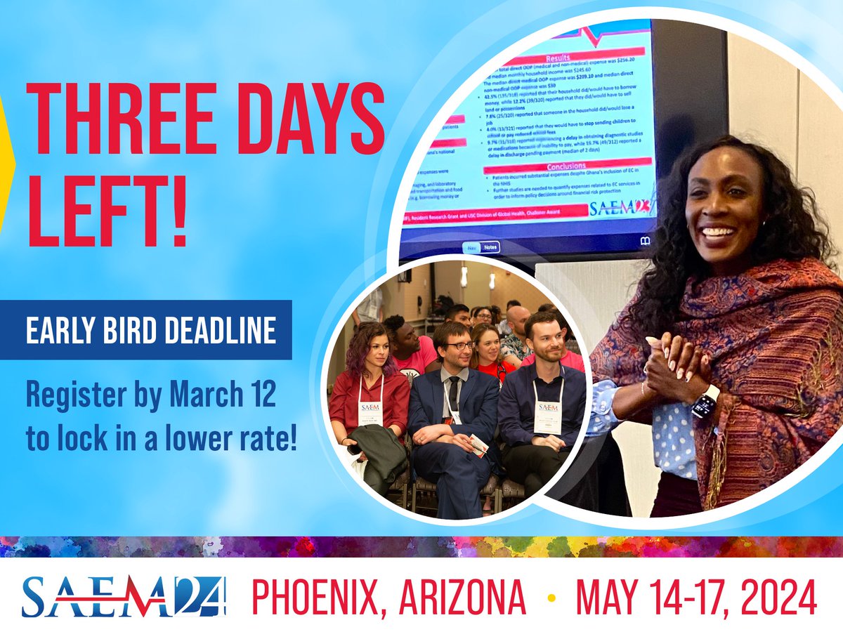 The countdown to #SAEM24 has begun! And with education submissions at an all-time high, we're poised to deliver our best meeting ever! Register by Tuesday to lock in your early bird registration pricing: ow.ly/C1O550QNMBs