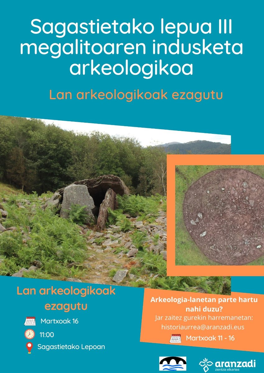 ‼️ Indusketa Arkeologikoa Sagastietako lepua III megalitikoaren indusketa arkeologikoa Zatoz ezagutzera! 📅 Martxoak 16 ⏱️ 11:00 📍 Sagastietako lepoan (Ereñotzu)  👉 Arkeologi-lanetan (Martxoak 11 - 16) parte hartu nahi baduzu: historiaurrea@aranzadi.eus