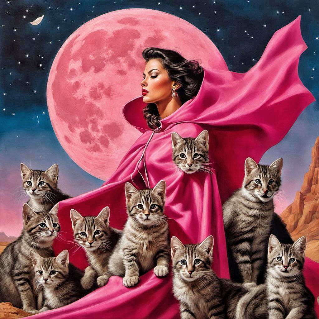 FOMOMoonGlow's tweet photo. Cat fancy magazine covers ๐
#promptshare
moon woman wearing a pink cape blowing in the wind, she stands among a group of wild moon kittens, photorealistic magazine cover
Try ๐ผ๏ธ
Modify โป๏ธ
Share ๐ค https://t.co/PwiEbwIfgU