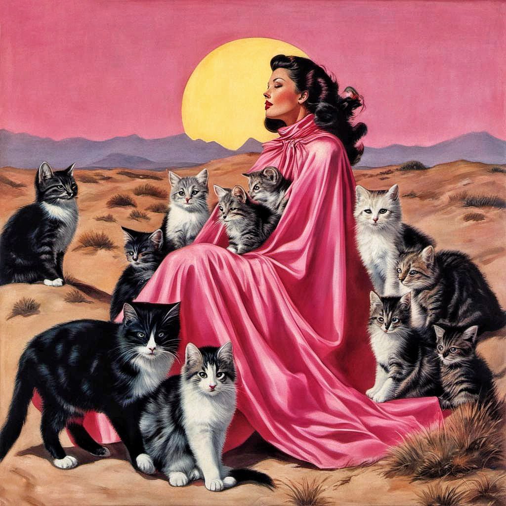 FOMOMoonGlow's tweet photo. Cat fancy magazine covers ๐
#promptshare
moon woman wearing a pink cape blowing in the wind, she stands among a group of wild moon kittens, photorealistic magazine cover
Try ๐ผ๏ธ
Modify โป๏ธ
Share ๐ค https://t.co/PwiEbwIfgU
