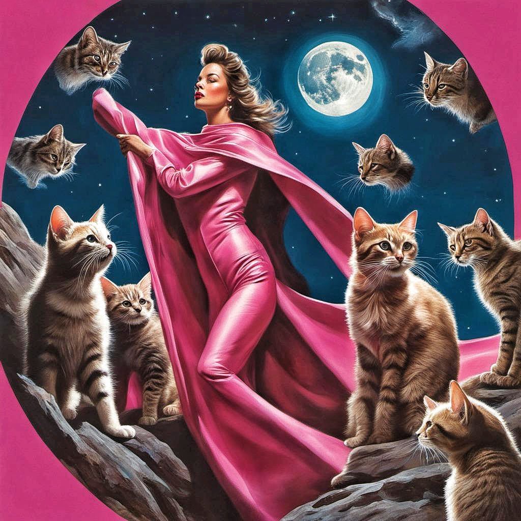 FOMOMoonGlow's tweet photo. Cat fancy magazine covers ๐
#promptshare
moon woman wearing a pink cape blowing in the wind, she stands among a group of wild moon kittens, photorealistic magazine cover
Try ๐ผ๏ธ
Modify โป๏ธ
Share ๐ค https://t.co/PwiEbwIfgU