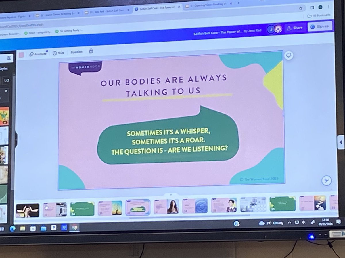 Really enjoyed Jess’ presentation today. We can’t afford not to listen to our bodies. Self care should be seen as selfish. #IWD2024 #InspiringInclusion