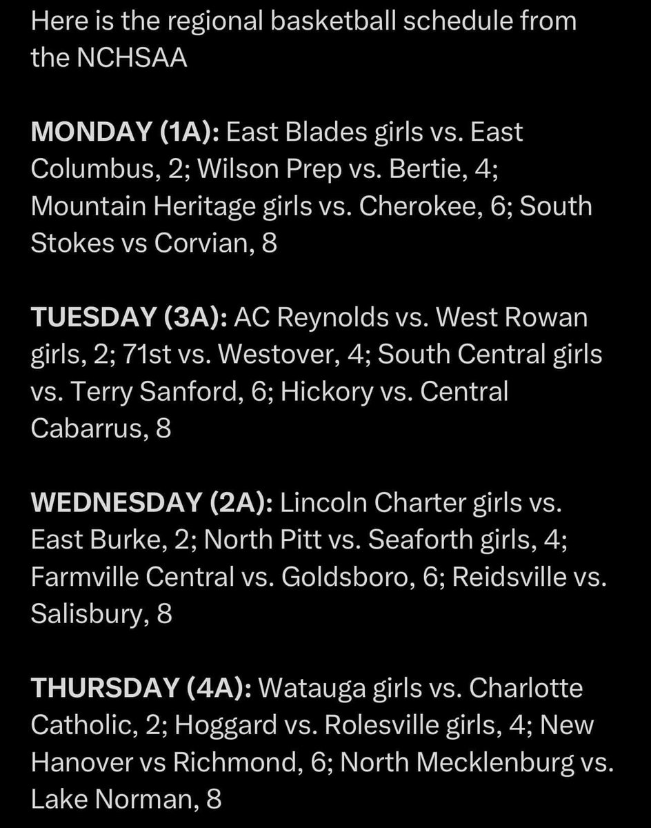 Here’s the schedule for the regional finals this week…

West Rowan plays Tuesday at 2:00
Central Cabarrus plays Tuesday at 8:00
Salisbury plays Wednesday at 8:00

BIG week for basketball in NC coming up next week!