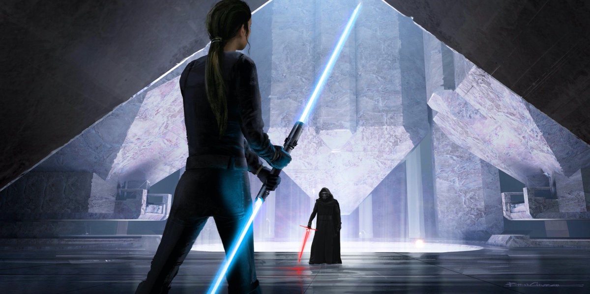 XDarthThunderX's tweet photo. I absolutely loved this look for Rey Skywalker with her double bladed blue lightsaber.

This is taken from Colin Trevorrow's Episode 9 concept art. Genuinely intrigued on how this would have played out if he had got to do his version of the film ✨ https://t.co/l0qbb9MoWH