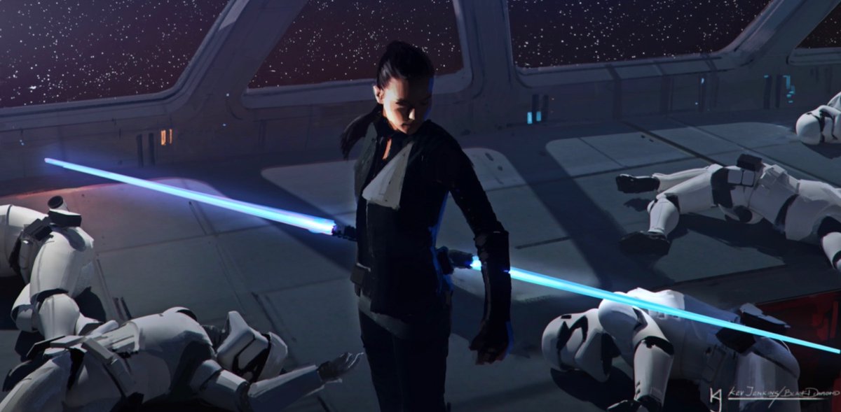 XDarthThunderX's tweet photo. I absolutely loved this look for Rey Skywalker with her double bladed blue lightsaber.

This is taken from Colin Trevorrow's Episode 9 concept art. Genuinely intrigued on how this would have played out if he had got to do his version of the film ✨ https://t.co/l0qbb9MoWH
