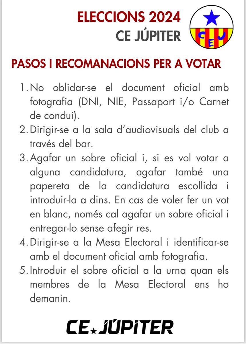 📍Socis i sòcies, demà Diumenge 10 de Març se celebren les eleccions a la presidència del C.E. Júpiter. 

A continuació, us deixem tota la informació necessària de cara a la jornada electoral. 

Us esperem a tots i totes 🫶🏻
Visca el Júpiter, sempre endavant!