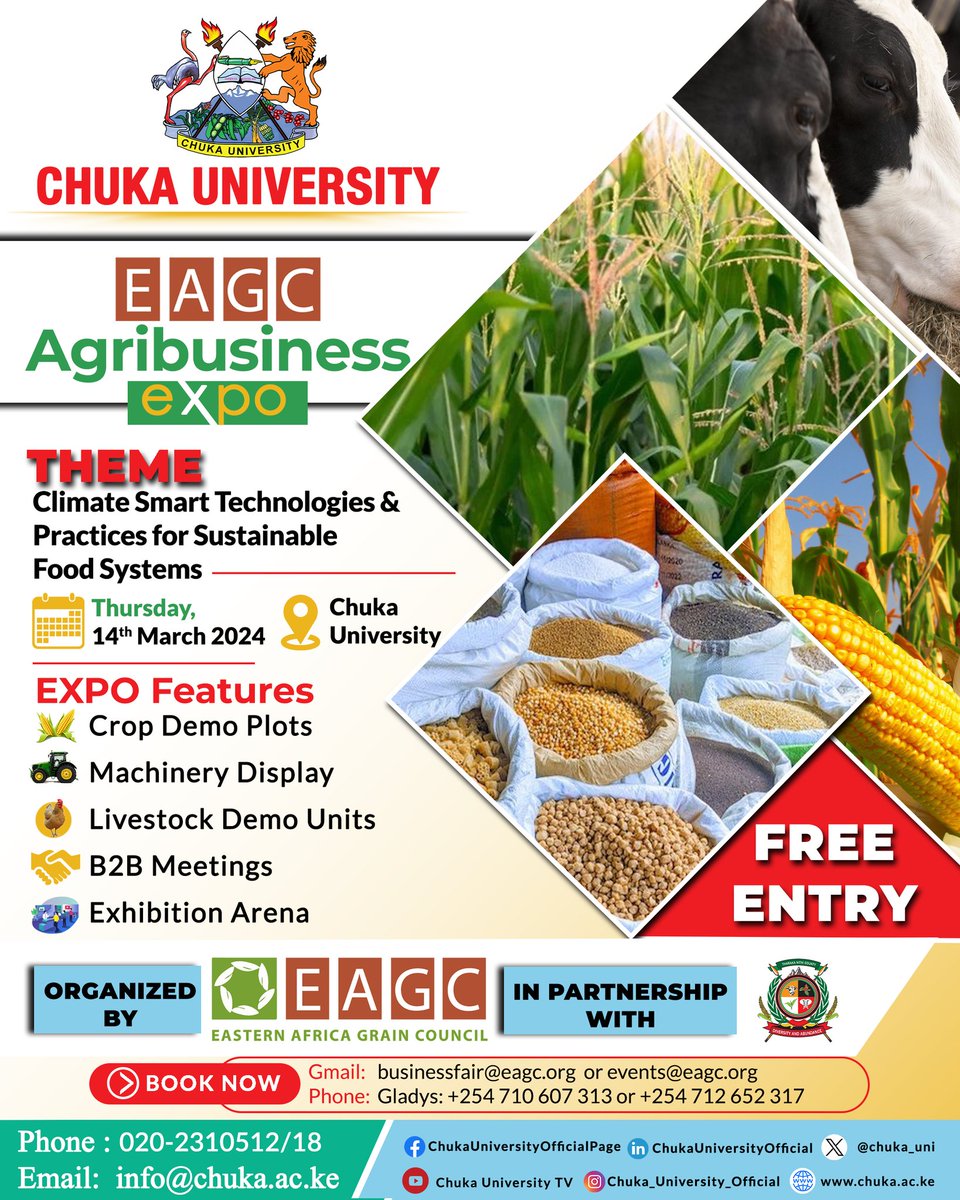 Chuka University welcomes you to our Agri-Business expo. It will be held on March 14, 2024 at the Main Campus with the theme Climate Smart Technologies and Practices for Sustainable Food Systems. #knowledgeiswealth