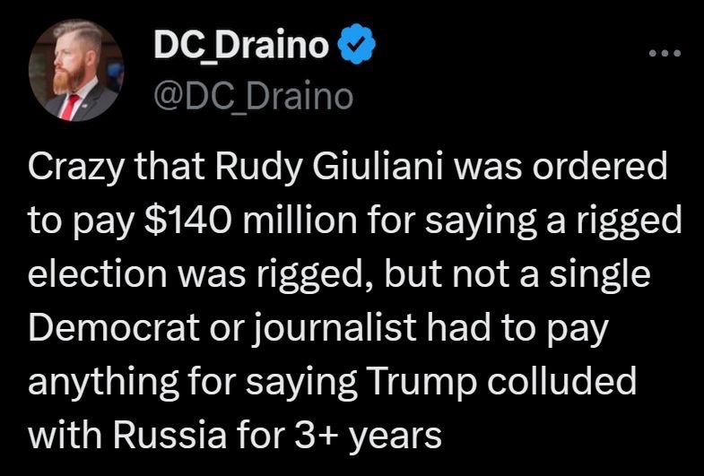 #PeriklesDepot #MAGA #AmericaFirst #Trump2024 Crazy that Rudy Giuliani was ordered to pay $140 million for saying a rigged election was rigged, but not a single Democrat or journalist had to pay anything for saying Trump colluded with Russia for 3+ years 💯💯💯